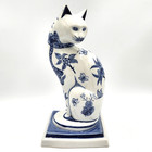 Vintage Blue White Porcelain Cat Figurine Hand Painted Thailand Pedestal 11 