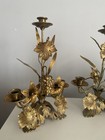 Vintage French Ornate Brass   Gilded Metal Candelabras Wheat  Lilies   Grapes