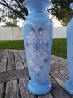 Pair Of Antique Opaline English  Bristol Blue Glass Mantel Vases Floral Painted