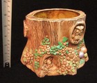 Vintage Handmade Ceramic Tree Stump Planter Pot Mushrooms  Owl    Gnomes Signed