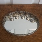 Vintage Oval Mirrored Vanity Tray W Lipstick Holders Silver Tone Floral Accent