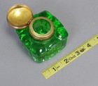 Antique Art Deco Emerald Green Glass Inkwell Flip Top Brass Cover   French