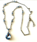 Vtg Art Deco Style Blue Glass Stone Chain Link Silver Tone Pendant Necklace 18 