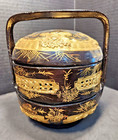 Antique Chinese Wedding Basket Tiffin Black Lacquer Hand Painted Gold Very Nice