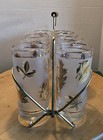 8 Vintage Frosted Leaf Floral Tumbler Drinking Glass Set W  Metal Carrier