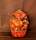 Vintage Japanese Wooden Tengu Mask     Hand-carved Red Talisman Demon Face