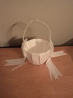 White Satin Wedding Flower Basket With Pearl Handle And Ribbon Bow