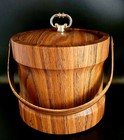 Vintage Mid Century Vinyl Faux Wood Grain Walnut Ice Bucket Gold Handle Barware 