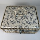 Vintage 1960s Wicker Sewing Basket Box Woven Floral Vinyl Lid Mcm Made In Japan