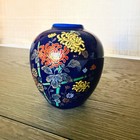 Vintage Japanese Cobalt Blue Porcelain Floral Ginger Jar Vase