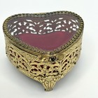 Vtg Gold Filigree Metal Ormolu Trinket Jewelry Box Heart Casket Beveled Glass