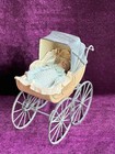 Antique German Miniature All Bisque Limbach Baby Doll In Victorian Pram carriage