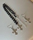 Silver Tone Crystal Cross Pendant Necklace   Drop Dangle Earrings Set