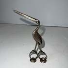 Rare Antique  Silver Toned Stork Bird Clamp Scissors With Baby Inlay 