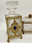 Vintage Gold Vanity Set Ormolu Filigree Pressed Glass Perfumes   Box Ornate