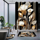 4pcs Shower Curtain Set Black Gold Lily Flower Bathroom Set With Rugs