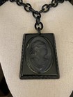 Victorian Mourning Cameo Plastic Necklace 29    Celluloid Pendant   Chain Read