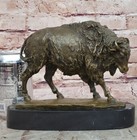 Hand Made Bronze Sculpture Marble Artwork Western Bison Buffalo American Decor