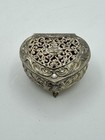 Vintage Trinket Box Heart Shaped Footed Silver Tone Cherub Floral Motifs Japan