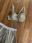 Women s Silver And White Belly Dance Costume Set With Sequin Bra  Skirt    Belt