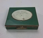 Vintage Green Enamel Square Vanity Powder Compact Box With Mirror Brass Trim
