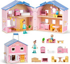 Exquisite Pink Wooden Dollhouse For Girls With 2 Dolls And 12pcs Wooden Furnitur