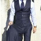Men Navy Pinstripe Three Piece Suit Peak Lapel Formal Business Wedding Tuxedo