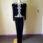 Vintage 1980s Marie St  Claire Black Wool Lace Trim Suit Set Jacket Pants Sz 14