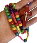 Handmade Rainbow Wood Beaded Rosary Prayer Crucifix Cross Necklace