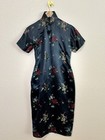 Vintage Black Floral Satin Cheongsam Dress Qipao Mandarin Collar Midi
