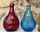 Lot 4 Vintage  Mini Wheaton Glass Bottles - 3  - Ruby Red  Amber  Blue Scroll