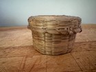 Vtg Tiny Sweetgrass Lidded Fabric Lined Sewing Basket   Tightly Woven  3 d X 2 t