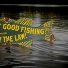 Vintage Want Good Fishing Porcelain Sign Obey The Law Camping Hunting Gas Oil
