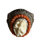 Antique Chinese Silver Filigree Carved Figure Coral Ring