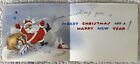Unused Christmas Santa Wave Run Snowball Fight Vintage Greeting Card 1940s 1950s