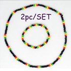 2pc Set Bead Necklace   Bracelet Rasta Reggae Hiphop Stretch Unisex Us Shipper