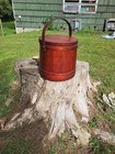 Antique Shaker Style Wooden Sugar Firkin Bucket Pegged Lid Red Green Patina