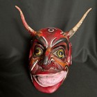 Vintage Mexican Diablo Dance Mask Carved Wood Real Horns Rattling Folk Art Devil