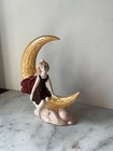 Fairy Sitting On Crescent Moon Ceramic Fantasy Figurine Decor  8   x6    Vintage  