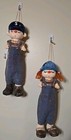 Set Of 2 Vintage 70s Hanging Coin Banks Boy   Girl Overalls Painted Ceramic 12 