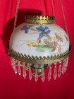 Beautiful Antique Victorian Hanging Oil Lamp Floral 14  Shade Crystal Prisms