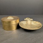 Vintage Solid Brass Shell Trinket Box   Scallop Dish Set Vanity Coastal Decor