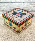 Vintage Hand Painted Wooden Trinket Jewelry Box     Black Horse Rider     Floral Lid