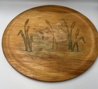 Vintage Hand Carving Wood Wall Hanging Plaque Swan In Lake With Flowers 16in