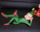 Vintage Mcm 1950s 2 Pixie Elf Gnome Green Suit Sitting On Log Big Ears Japan