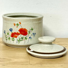 Vtg Haniwa Stone Speckled Sugar Bowl Maywood Stoneware Poppies Wildflowers Japan