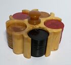 Vintage Mini 94 Red   Butterscotch   Green Swirled Bakelite Poker Chips   Caddy