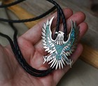 Vintage Native American Navajo Nickel Silver Turquoise Coral Eagle Bolo Tie