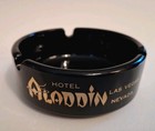 Vintage Aladdin Hotel Las Vegas Black Glass Gold Print Casino Ashtray