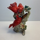 Vintage Ceramic Red Cardinal Birds Figurine On Tree Stump 6   